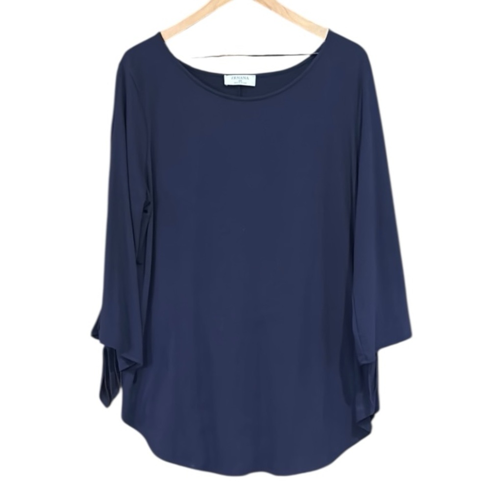 Zenana Loose Fit Split Tie Sleeve Tunic Top Navy Blue Size 2X